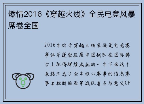 燃情2016《穿越火线》全民电竞风暴席卷全国